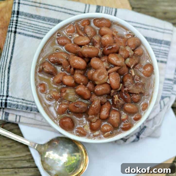 A view from above of a small white bowl of pinto beans with a silver spoon and black and white checked towel