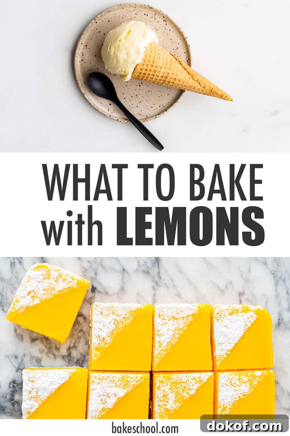 A collage of two images: an image of lemon custard ice cream in a cone and an image of lemon bars.
