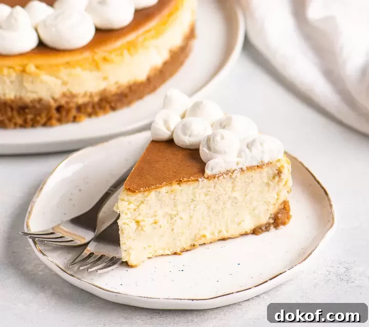 slice of cheesecake on a plate with two forks