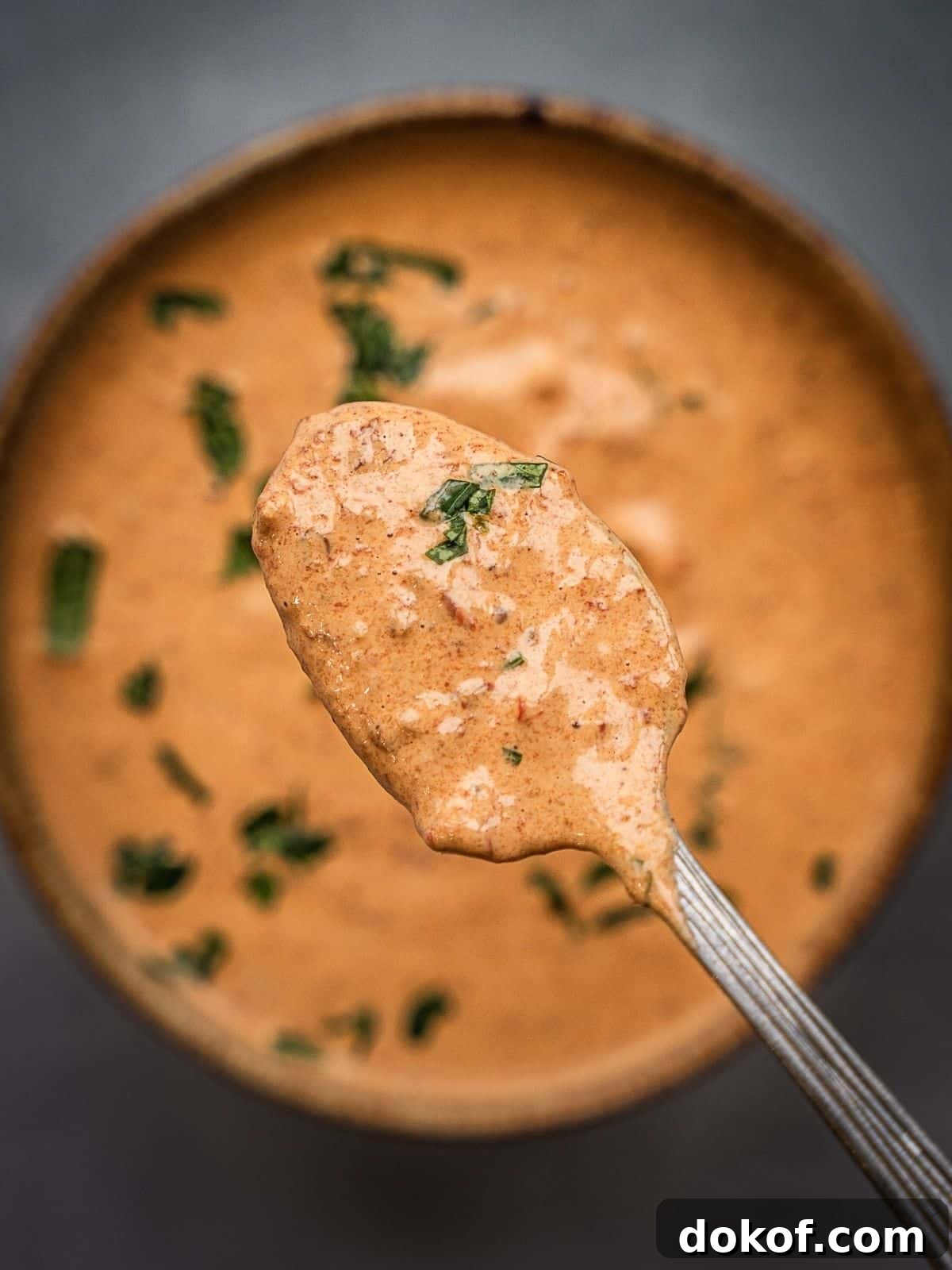 A spoon with chipotle crema sauce.