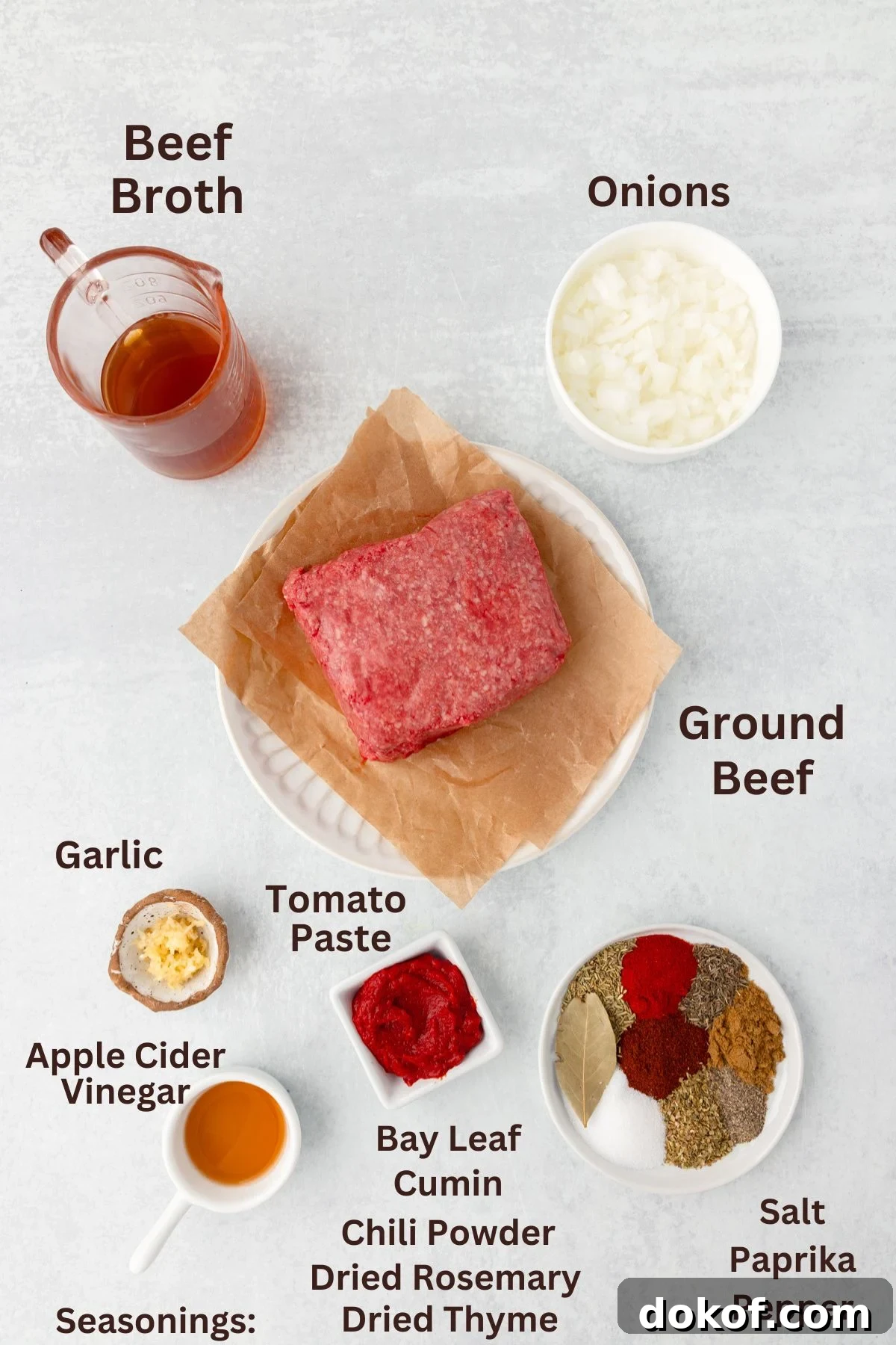 Beef broth, onions, ground beef, garlic, tomato paste, apple cider vinegar, seasonings, dry herbs and spices.