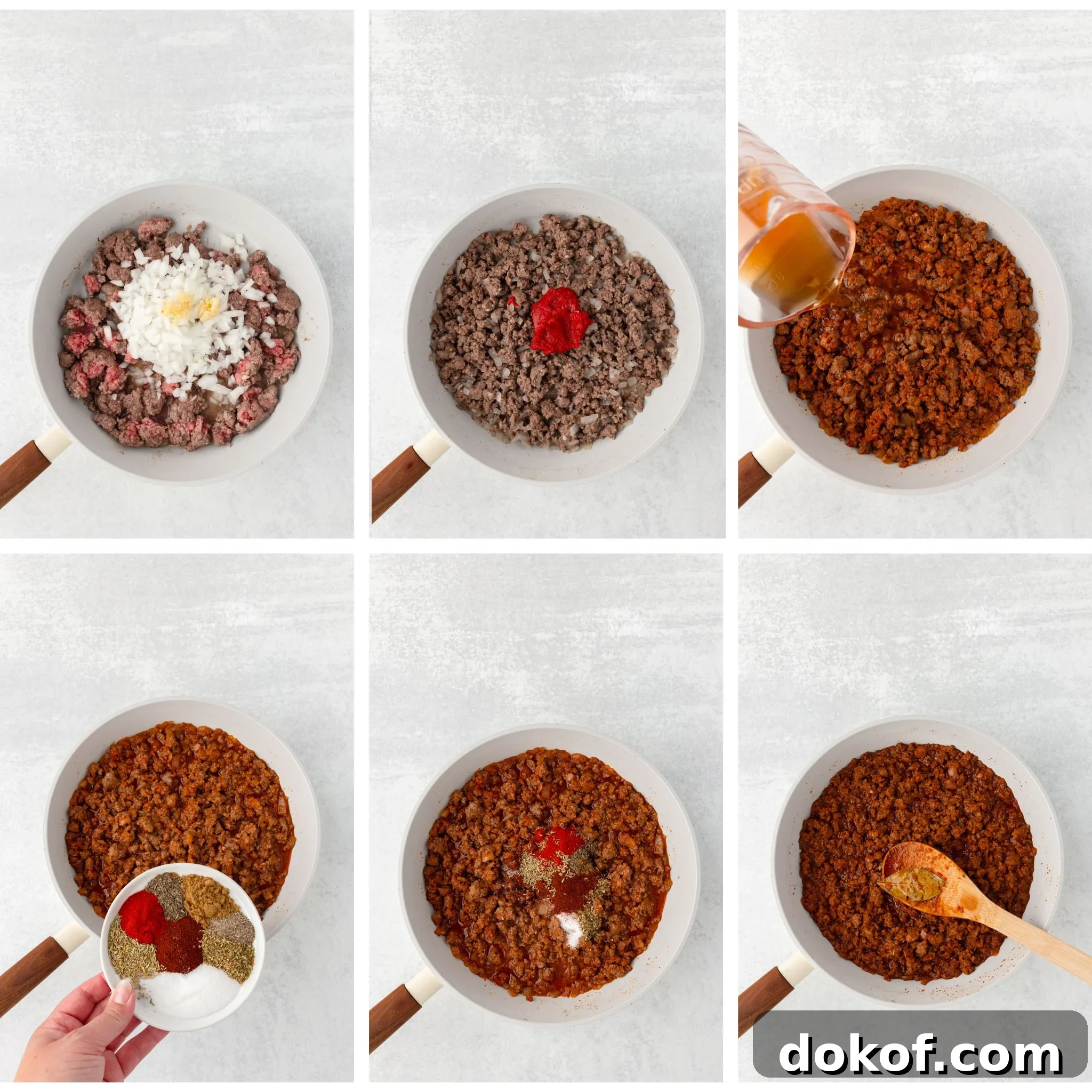 Ground beef being cooked in a skillet with onions, spices, tomato paste, and broth for a savory meat filling.