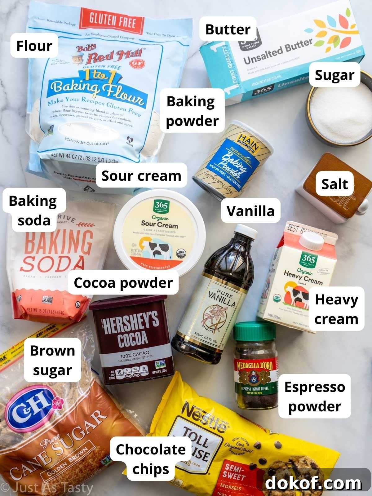 Chocolate bundt cake ingredients.