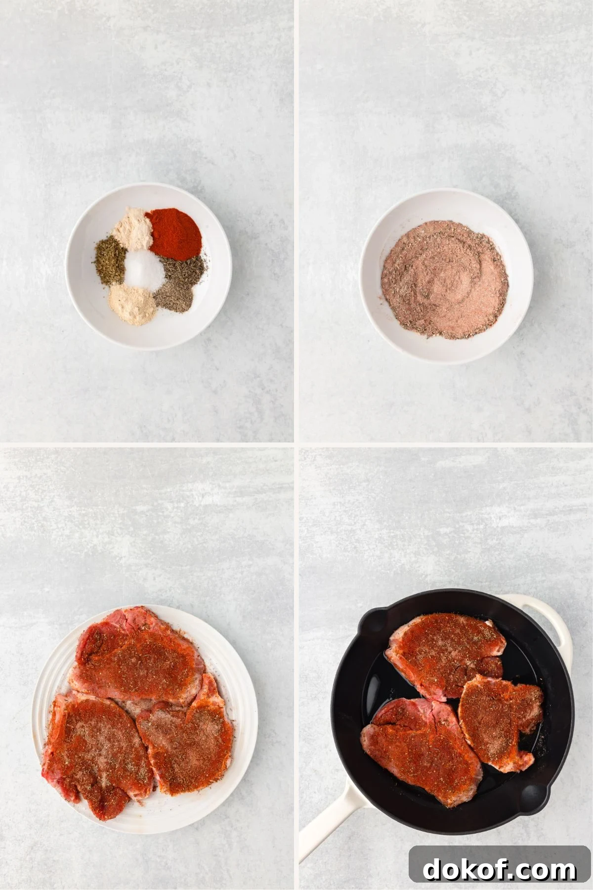 Spice mix in a bowl and seasoned meat ready for cooking.