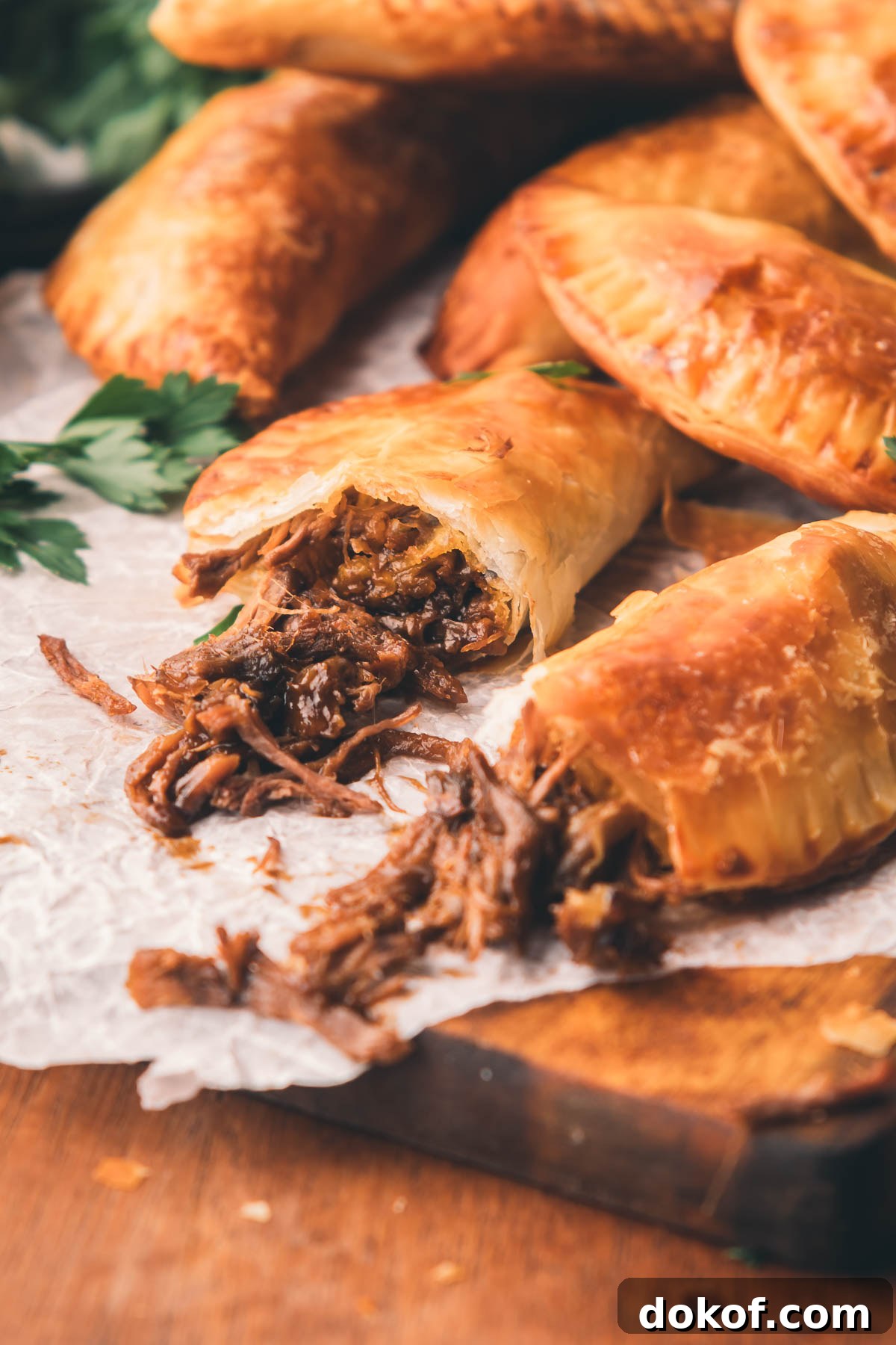 Close-up of hand pies opened on parchment paper, one split open to reveal shredded beef filling.