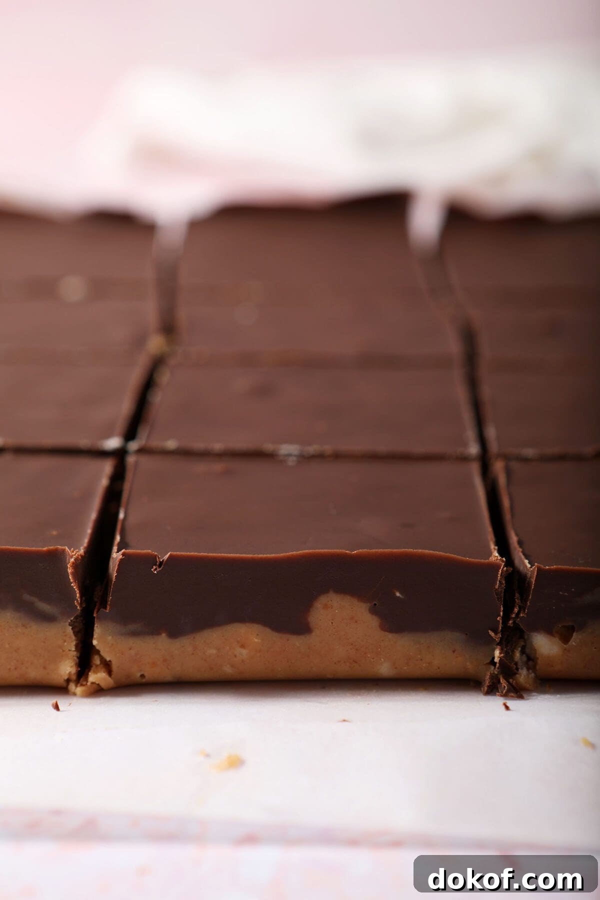 Sliced Chocolate Peanut Butter Bars on parchment before they are placed on a plate