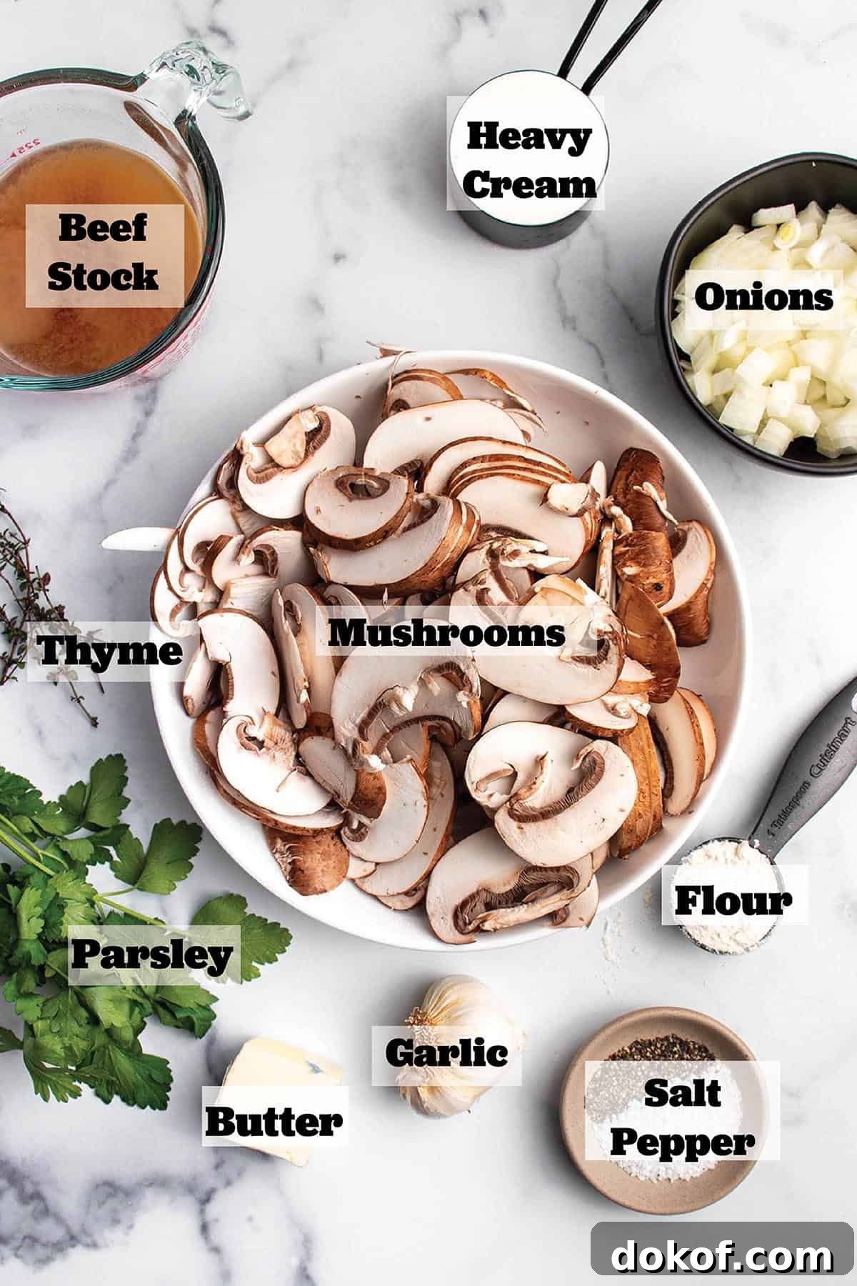 Ingredients in prep bowls to make a mushroom sauce.
