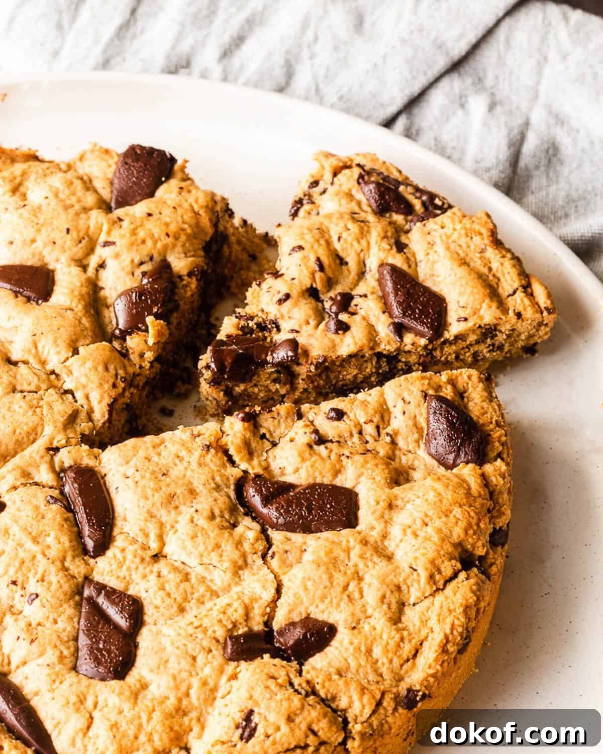 A Giant Chocolate Chip Cookie on a white plate. One slice has been cut.