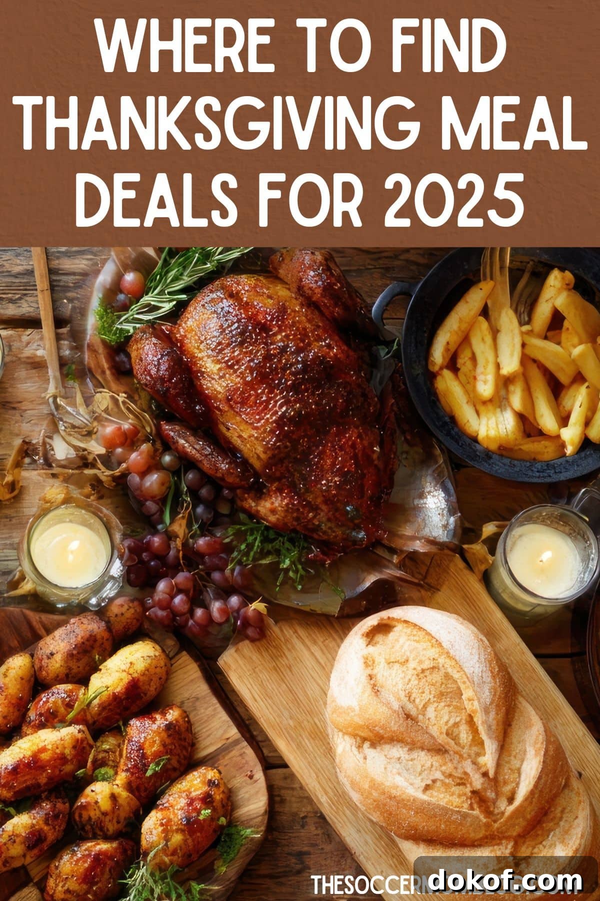 Thanksgiving 2025 Meal Deals and Turkey Dinner Discounts 2 photo of Thanksgiving dinner spread, with text overlay "Where to find Thanksgiving meal deals for 2025"