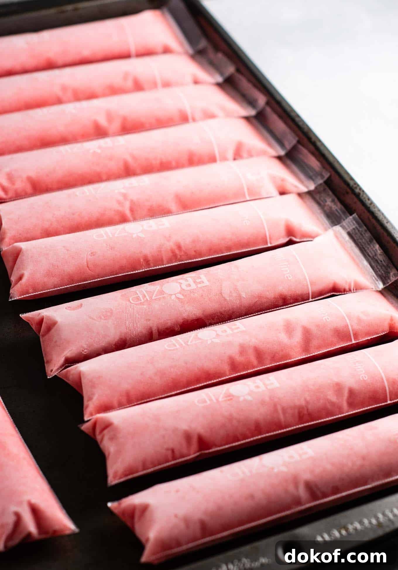 Popsicle bags filled with strawberry pineapple mixture