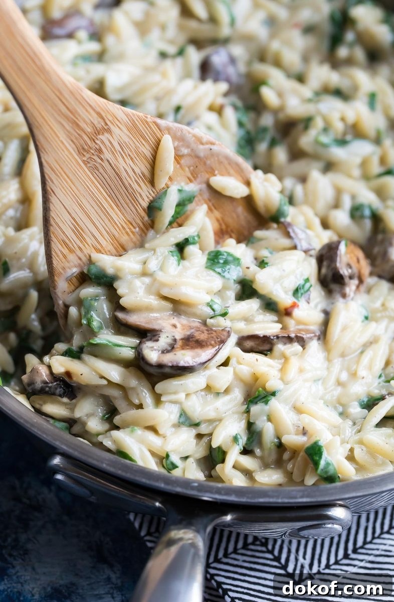 Creamy One-Pot Mushroom Orzo Recipe 3 creamy mushroom orzo mixed with spinach, garlic and parmesan cheese sauce in a pot on the stove