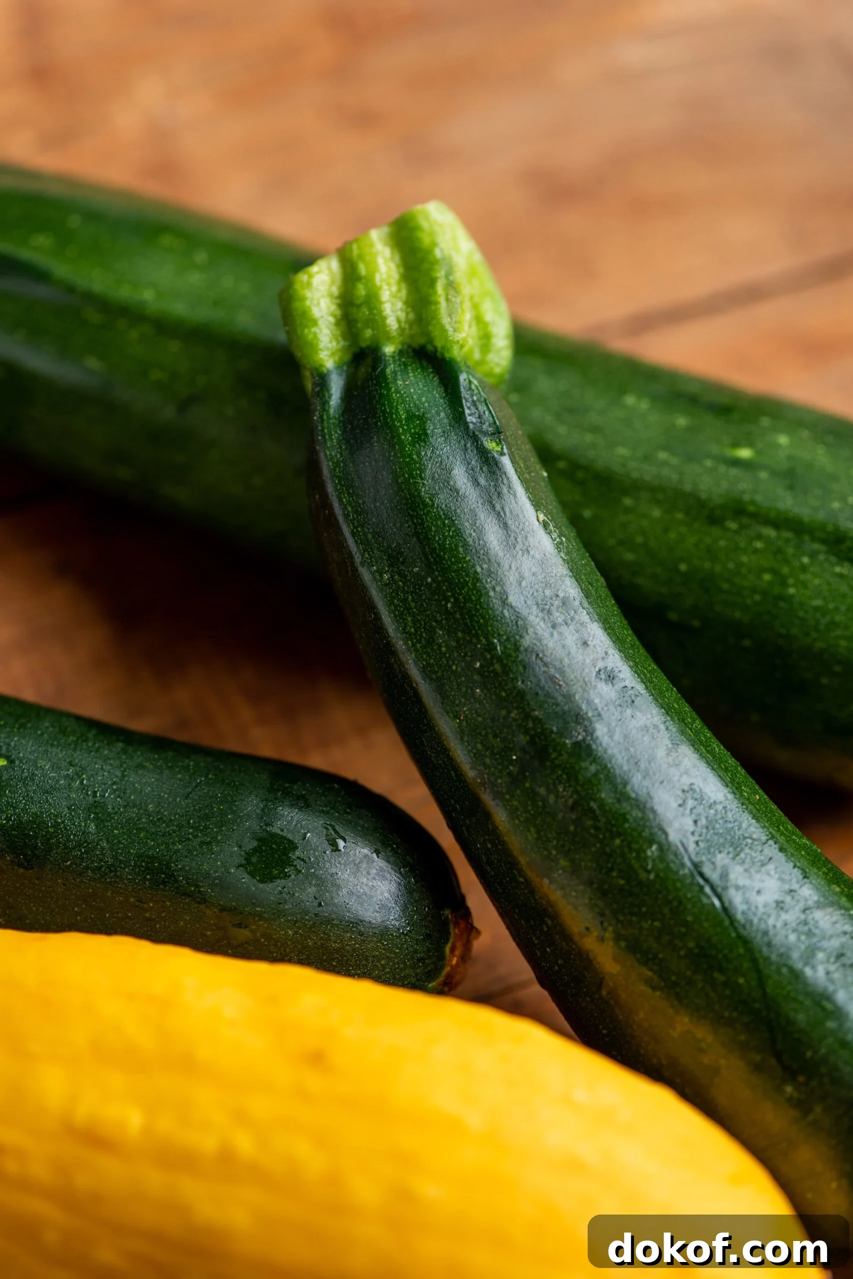 Whole Zucchini and Summer Squash on wood cutting board.
