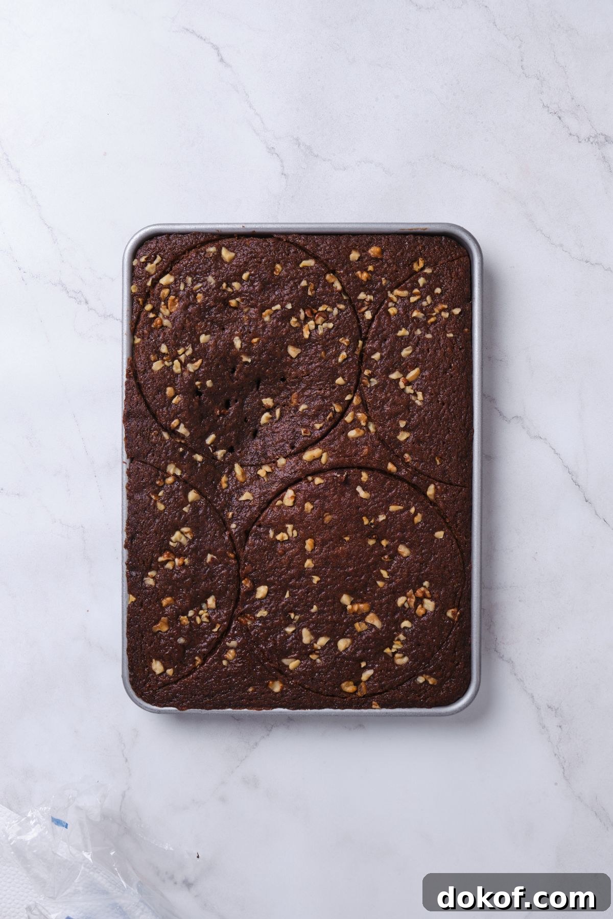 Chocolate walnut cake in a sheet pan cut out with cake rings.