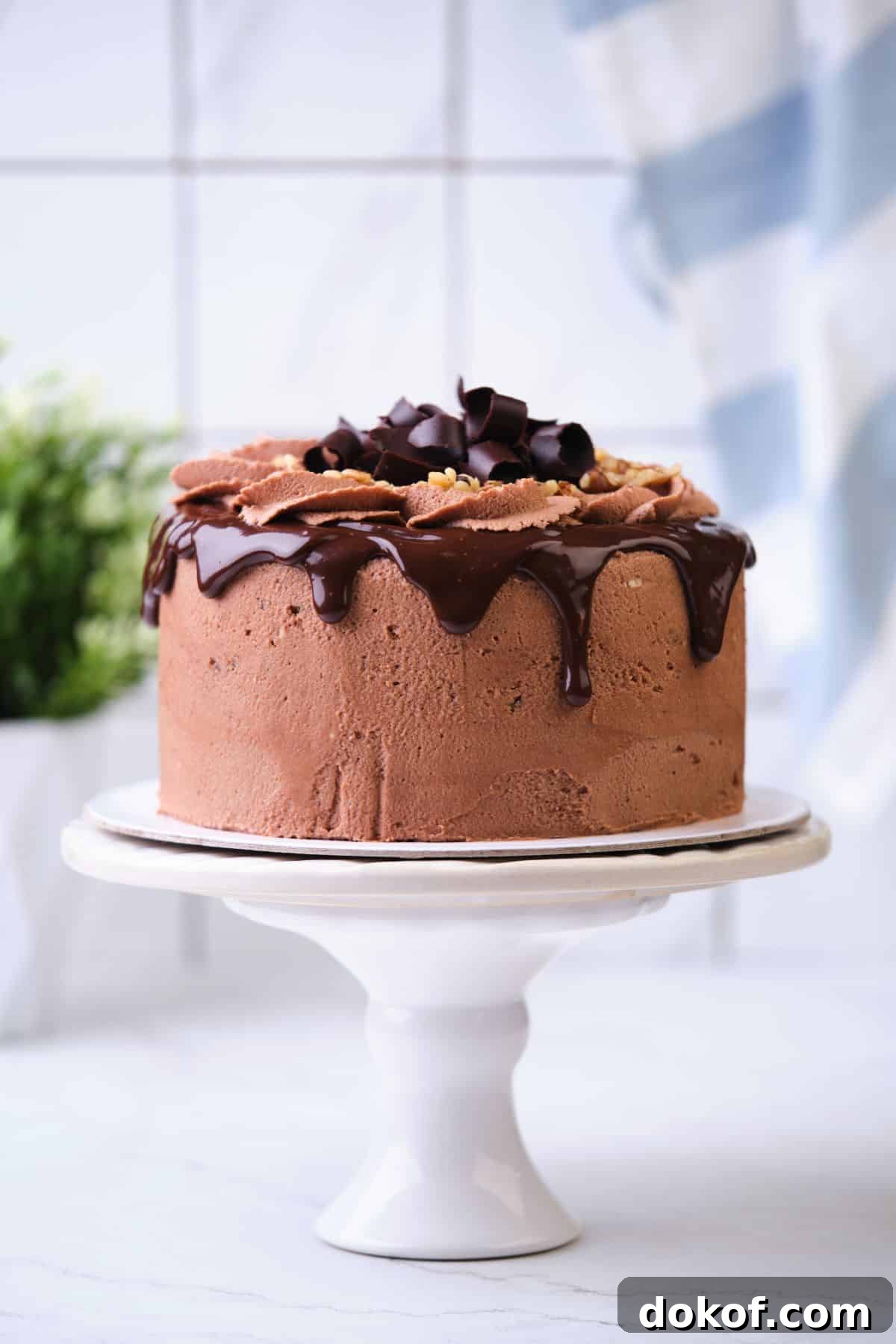 A chocolate cake on a cake stand decorated with chocolate drip and walnuts and chocolate curls.