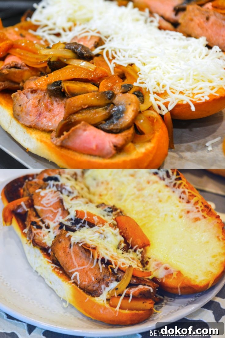 Leftover steak sandwiches uses up cooked steaks to create a midwest version of a Philly Cheesesteak sandwich with caramelized mushrooms, onions and peppers.