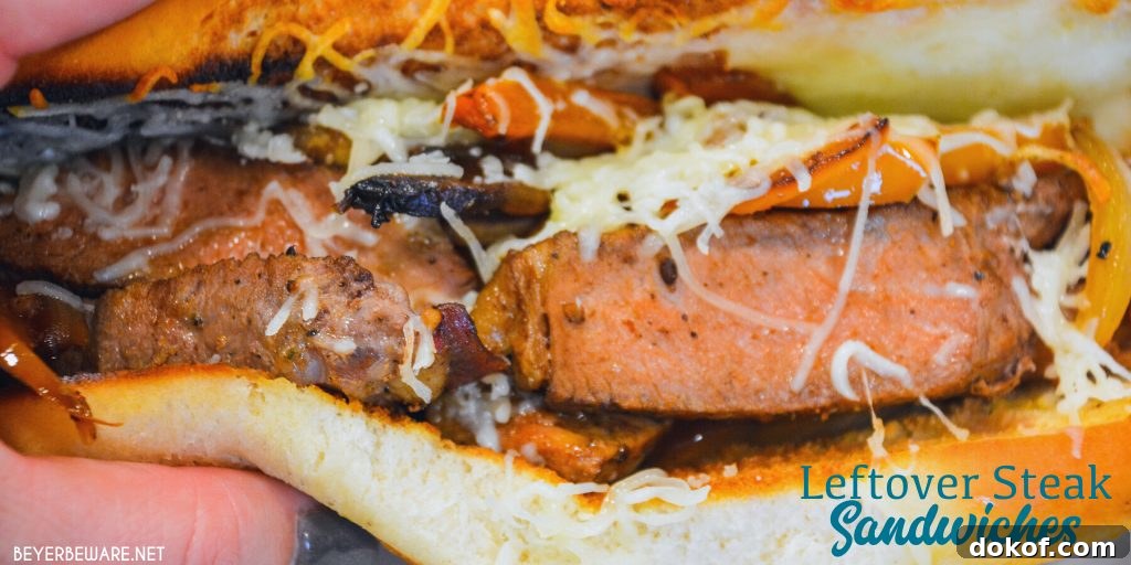 Leftover steak sandwiches are a great way to use up cooked steaks by caramelizing onions and peppers in a cast iron skillet before adding sliced steaks and mounding into a toasted hoagie roll topped off with lots of cheese. 