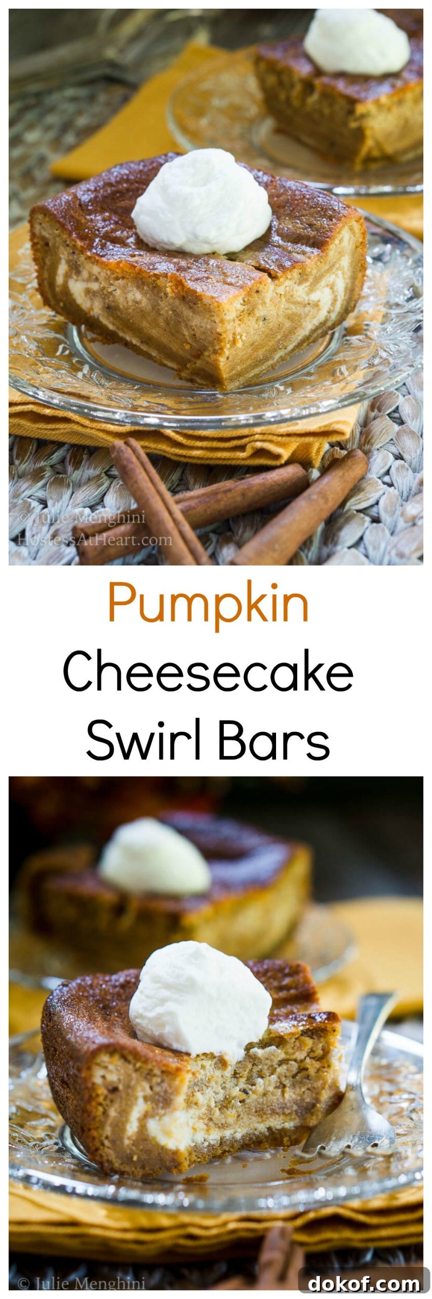 Creamy Pumpkin Cheesecake Swirl Bars Recipe 6 Two photos showing different angles of sliced Pumpkin cheesecake. The inside shows swirls of creamed cheese running through it and it\'s topped with whipped cream on a glass plate. The title 'Pumpkin Cheesecake Swirl Bars' separate the photos.