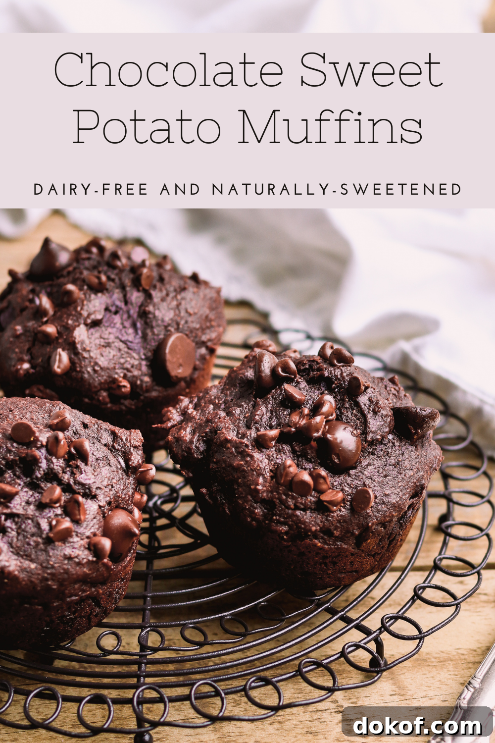 Moist Chocolate Sweet Potato Muffins Recipe 6 Chocolate sweet potato muffins are naturally-sweetened, dairy-free, and made with whole wheat flour. They are healthy and delicious-these healthy sweet potato muffins taste like a chocolate cupcake! Don't miss this easy sweet potato muffin recipe. #sweetpotatomuffin #healthybreakfast #chocolatemuffin