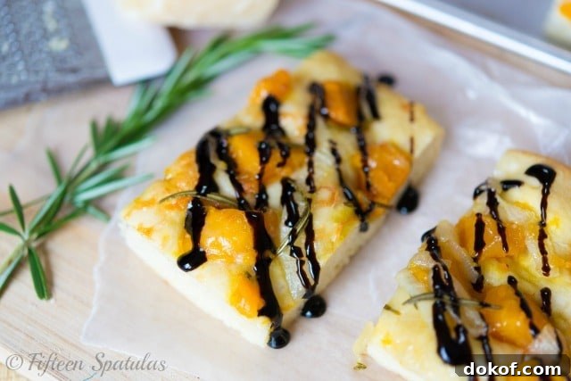 Butternut Squash Focaccia Piece Drizzled with Balsamic Glaze