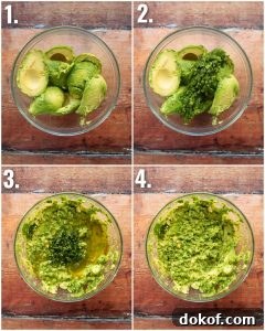 4 step by step photos showing how to make guacamole