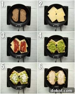6 step by step photos showing how to make a guacamole grilled cheese