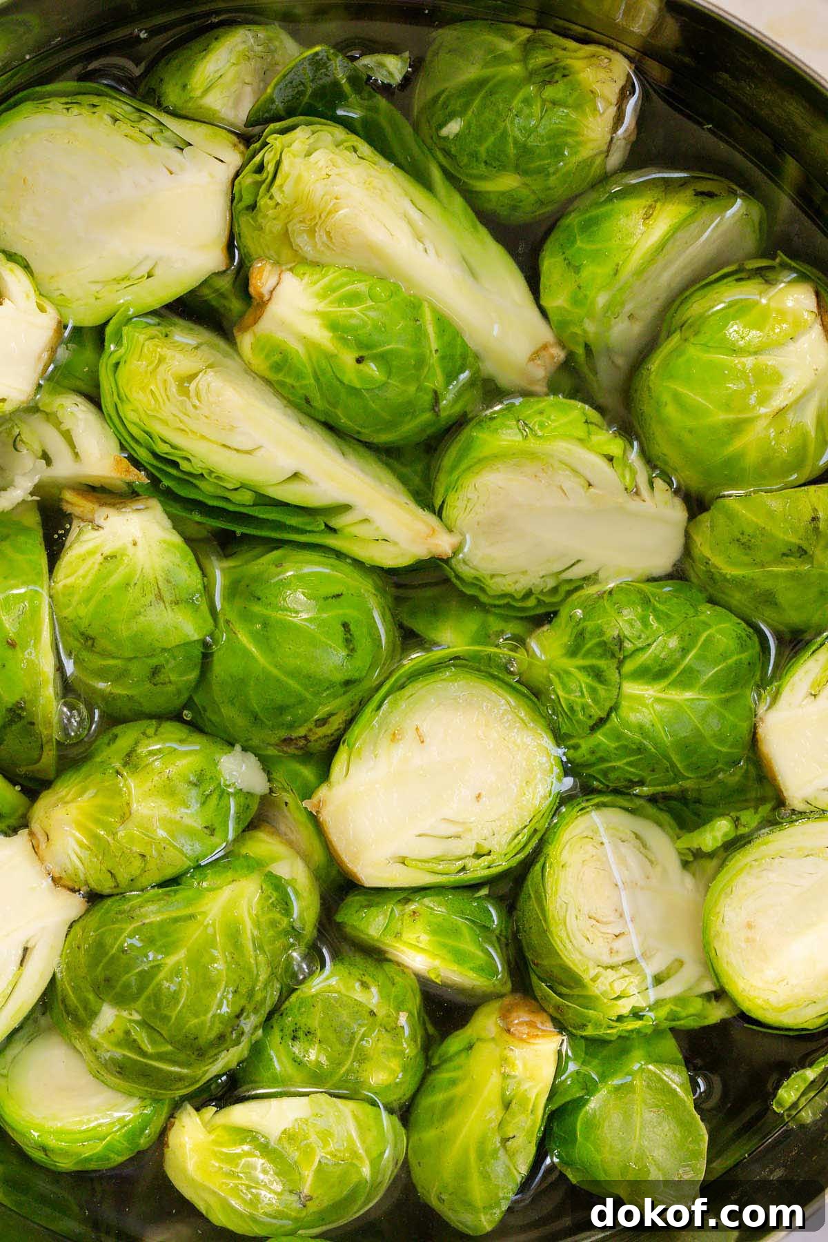 Brussels sprouts soaking in hot water