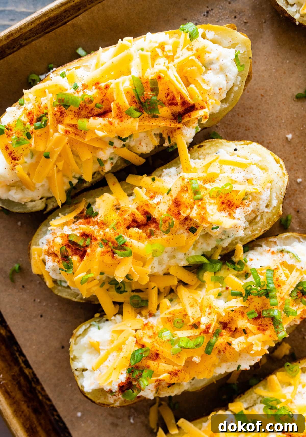 add paprika and green onions and chives on top of the potatoes
