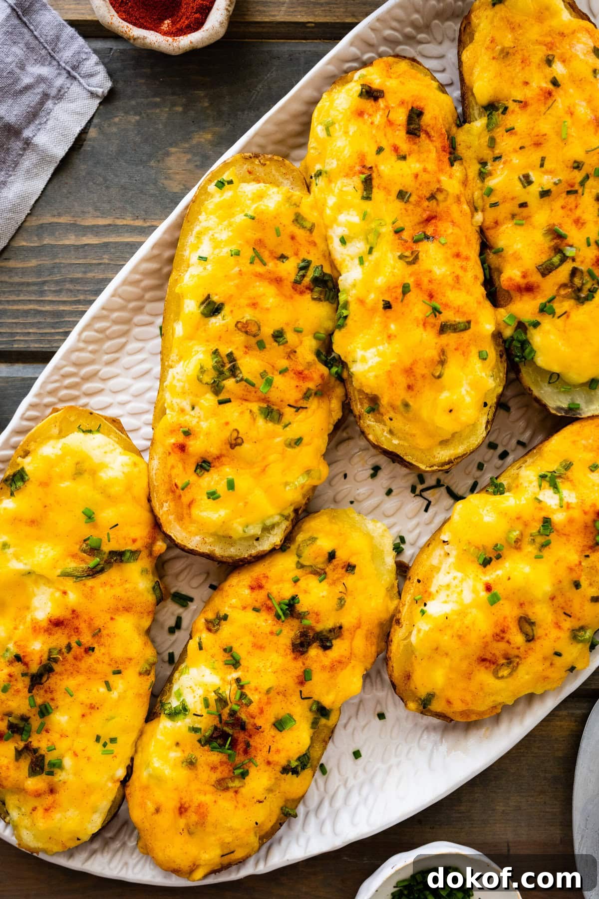 Best Twice Baked Potatoes Recipe on a white serving platter. Cheese is melty.