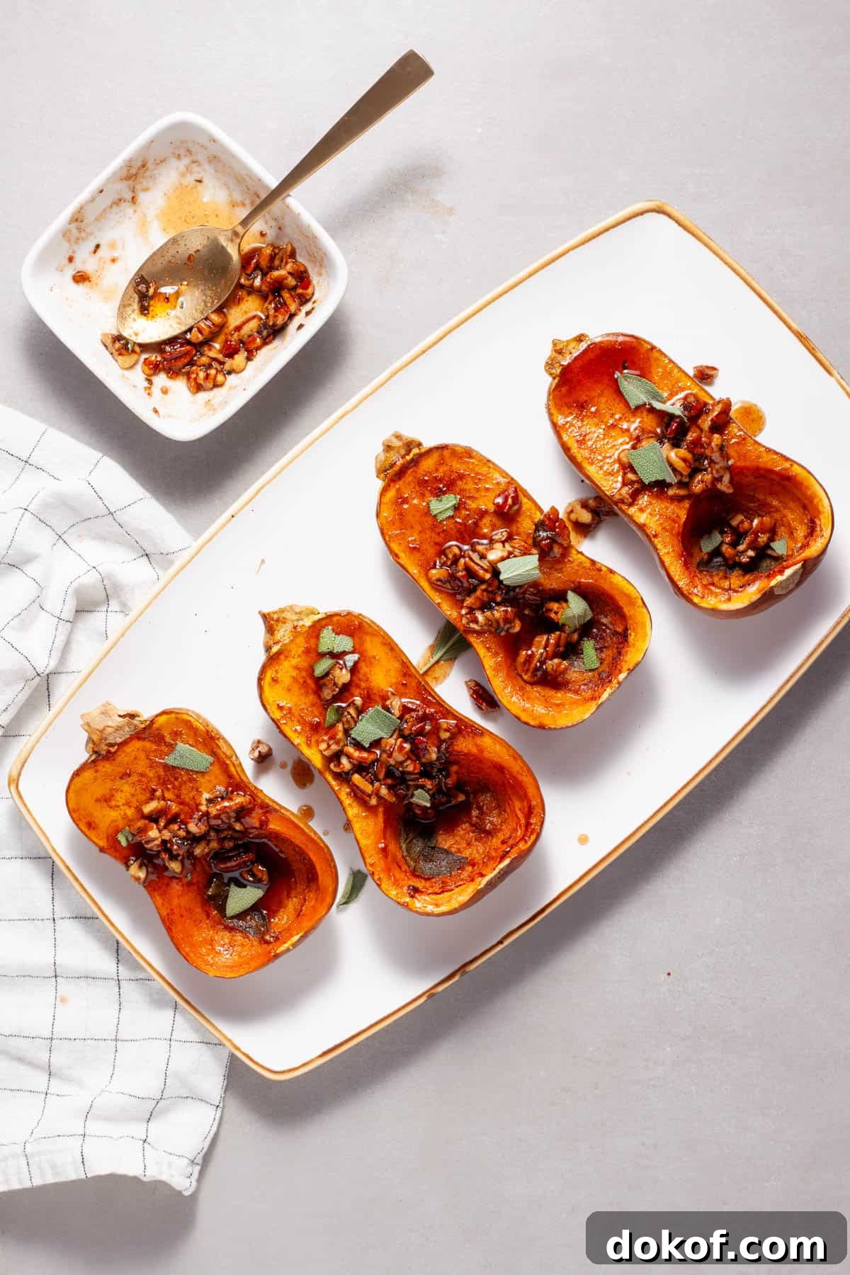 Roasted honeynut squash topped with candied pecans and sage on a white plate with a platter of more off center.
