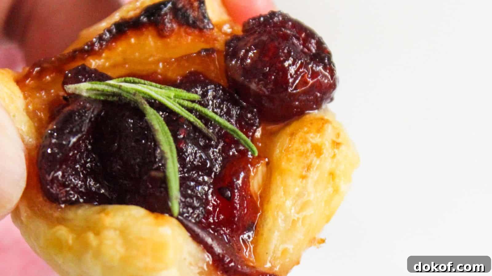 Close-up of a pastry topped with cranberries and a sprig of rosemary.