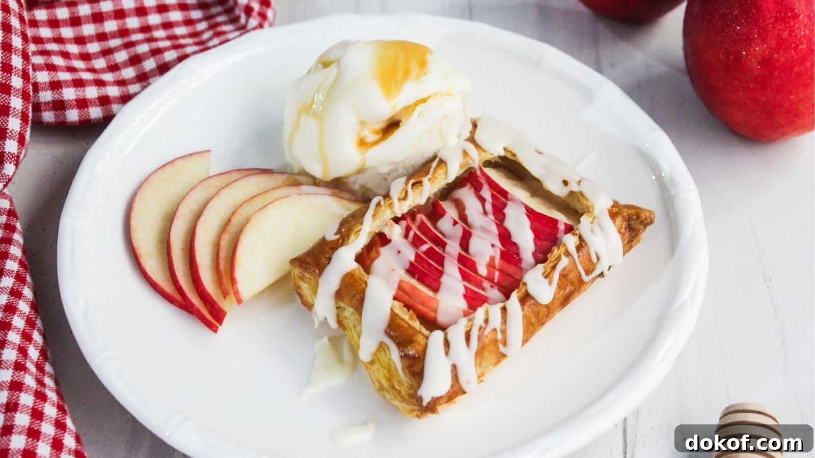A dessert plate with apple slices, a pastry drizzled with icing, and a scoop of vanilla ice cream topped with syrup. A checkered cloth is nearby.
