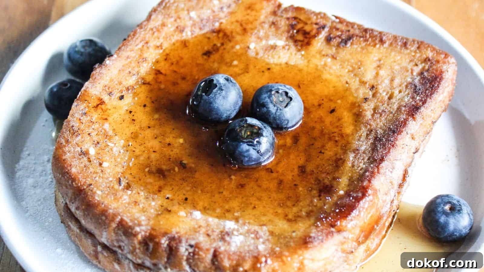 Air fryer french toast slices with syrup and blueberries on plate.