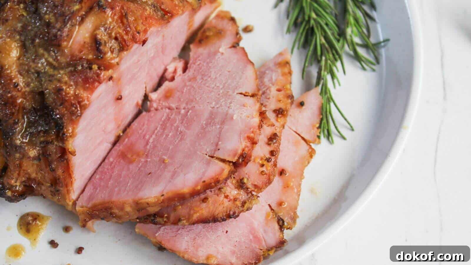 Sliced roasted ham garnished with sprigs of rosemary on a white plate.