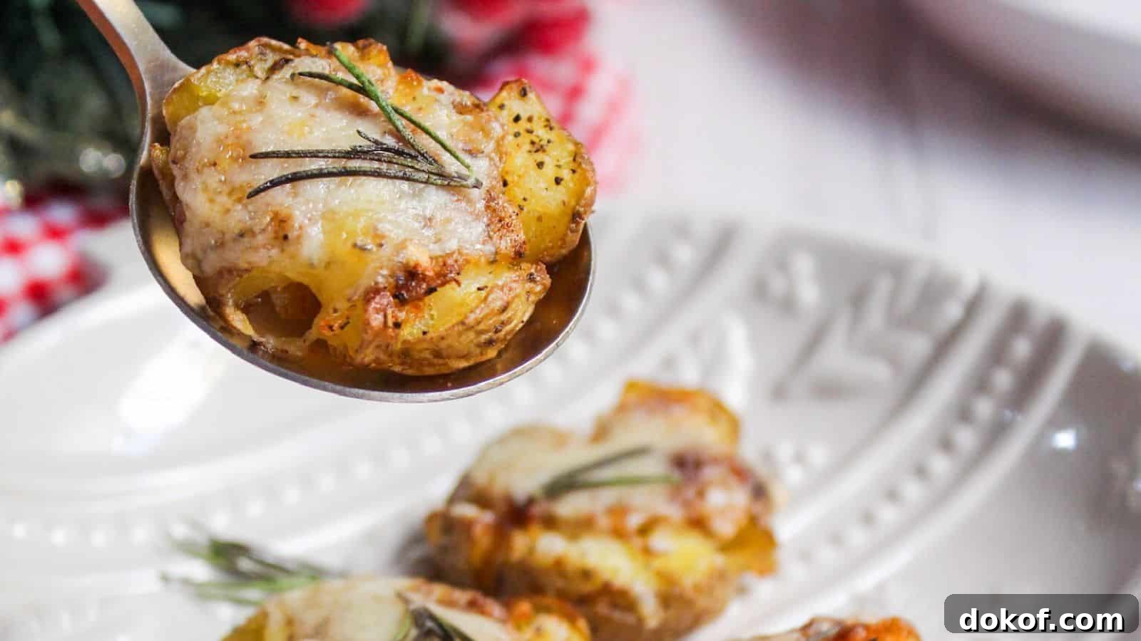 A spoon lifting a smashed potato garnished with rosemary, with a festive table setting in the background.