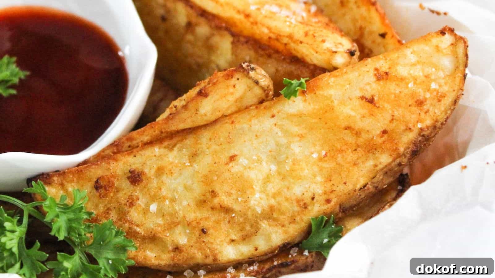 Fried potato wedges with ketchup and parsley.