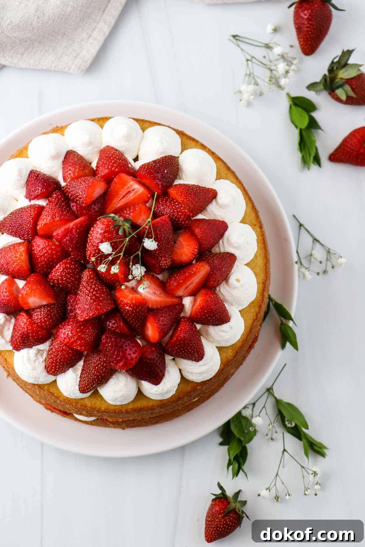 Overhead view of strawberry cake.