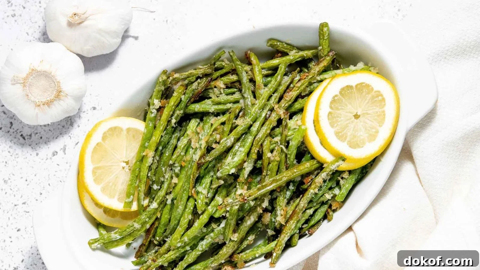 Roasted green beans with browned edges and a crisp bite.