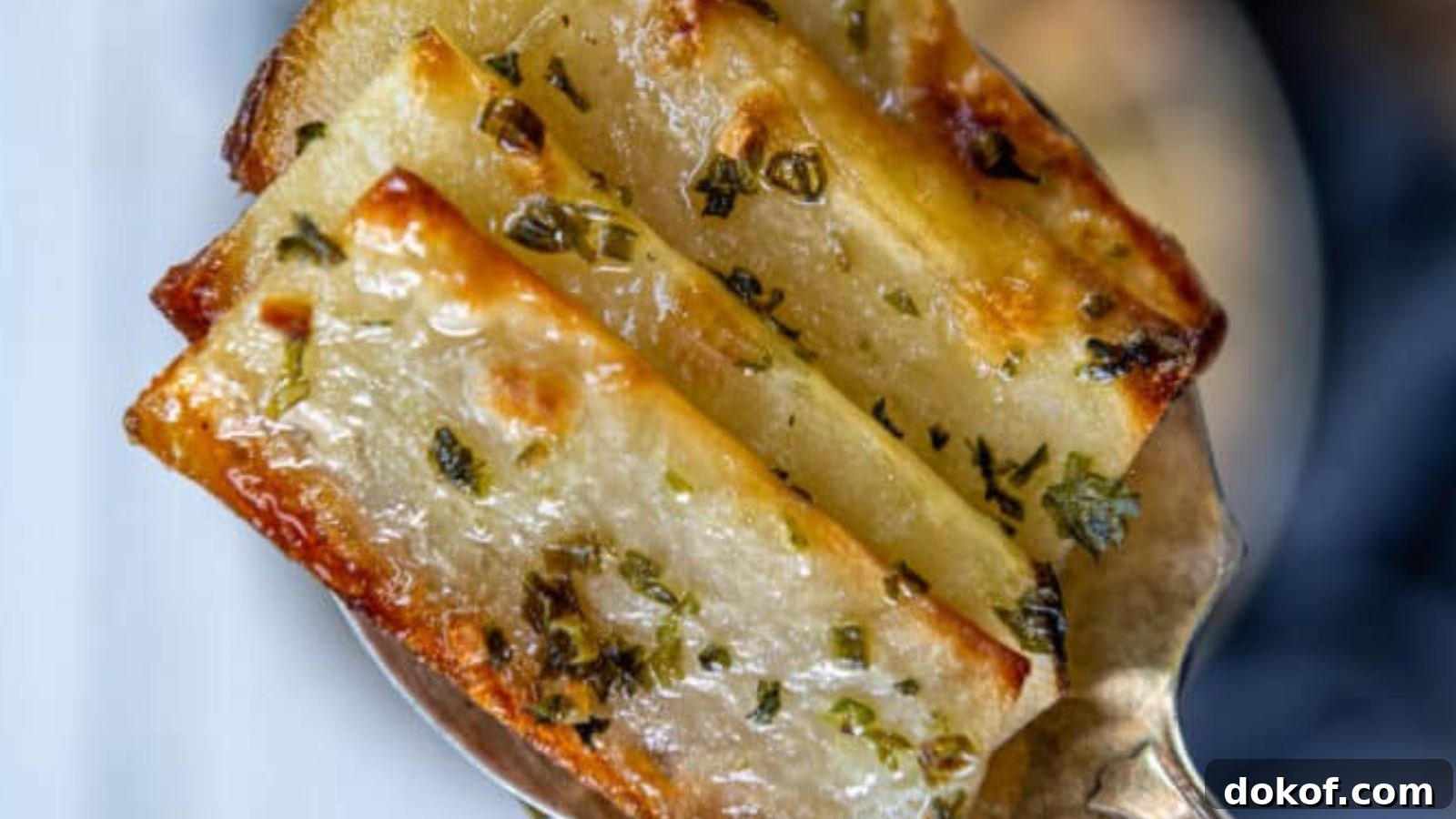 Domino potatoes roasted until each slice is crisp on the edges and soft inside.